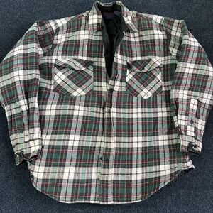 Plaid Flannel Jacket Mens Medium Green Quilted Lined Padded Button Workwear